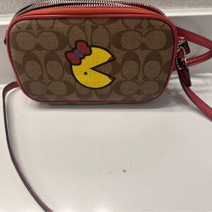 Coach X PAC-MAN Brown and Red Crossbody Bag with Yellow Accent